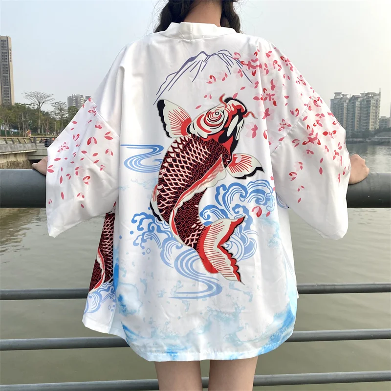 

Streetwear Fashion Carp Print Women Kimono Belt Cardigan Coat Tops Summer Beach Yukata 2023 Traditional Haori Clothing