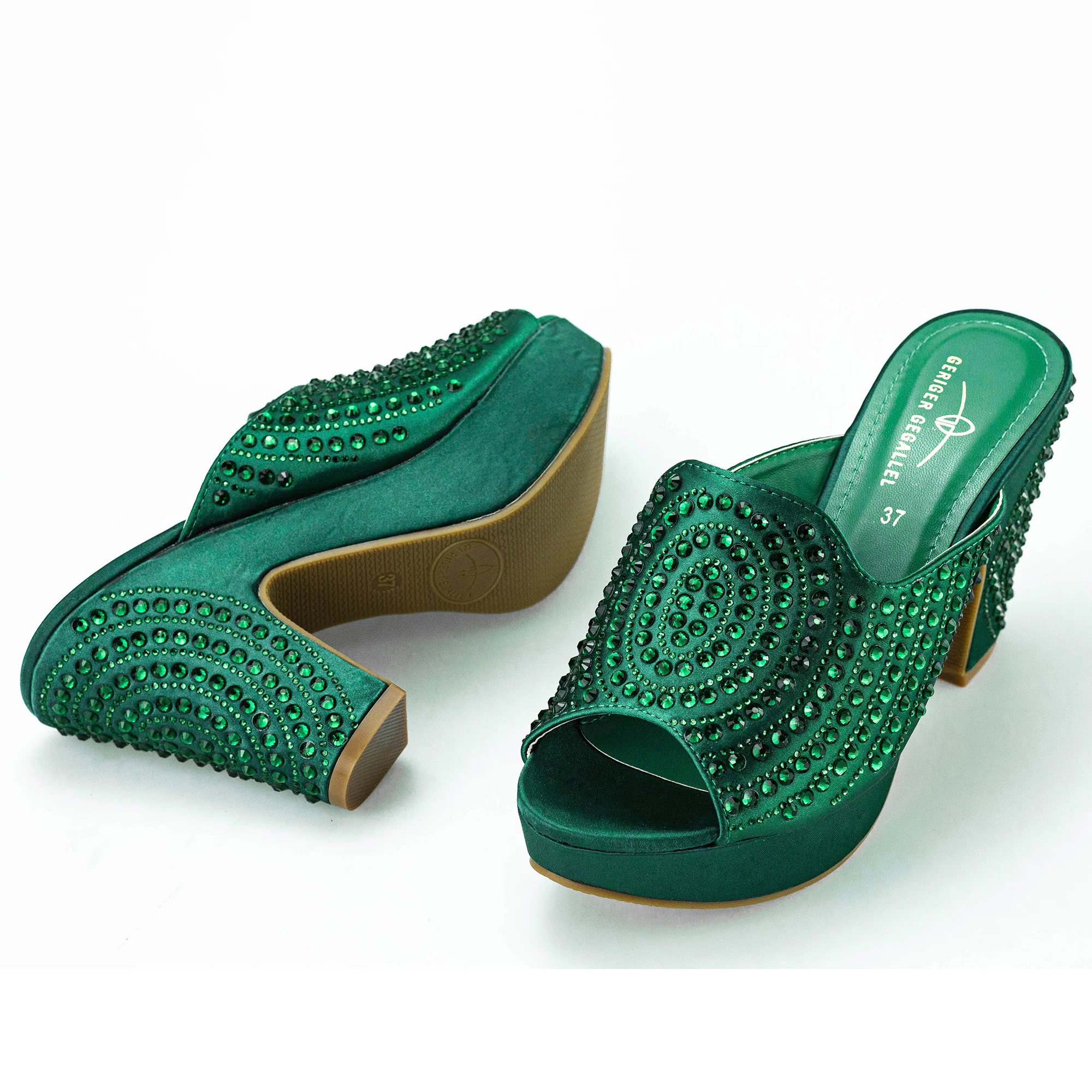 Green Summer High Heel Plus Size 42 Bling Bling Party Shoes for Women Rhinestone Luxury Wedding Mules Sandals for Woman Pumps