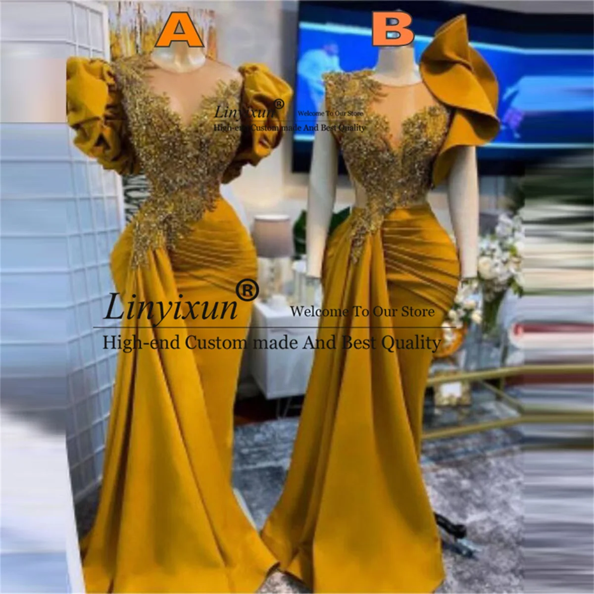 

Two Styles African Mermaid Prom Dresses With Appliques Beads Crystals Sheer Neck Evening Gowns Puffy Sleeves Aso Ebi Party Dress