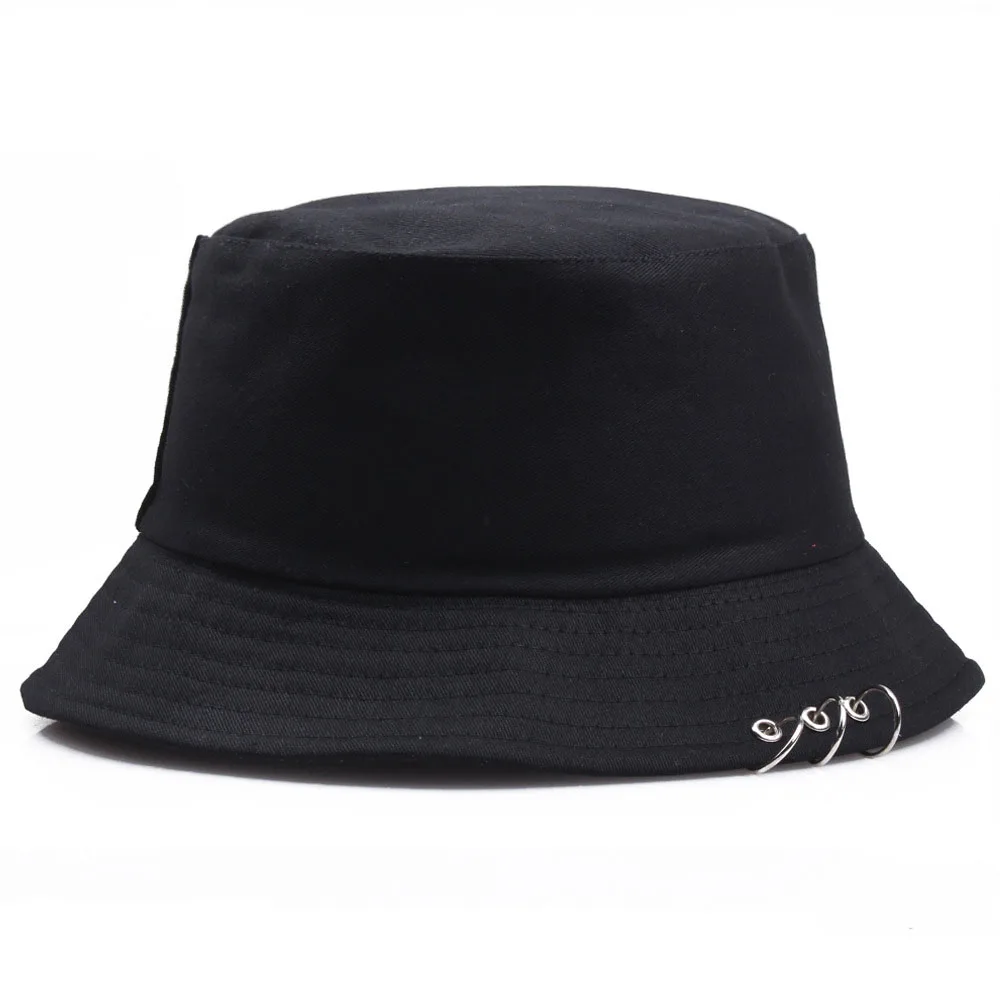 

Kpop Jungkook Harajuku Hip Hop Solid Color Bucket Hat Spiked Rivets Metal Rings Outdoor Wide Brim Sunscreen Fisherman Cap