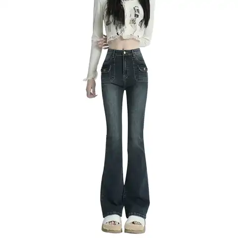 Women's Thin Jeans Pants Spring Autumn Retro Streetwear Camouflage Blue High Waisted Denim Jeans Horn High Street Girls Trousers