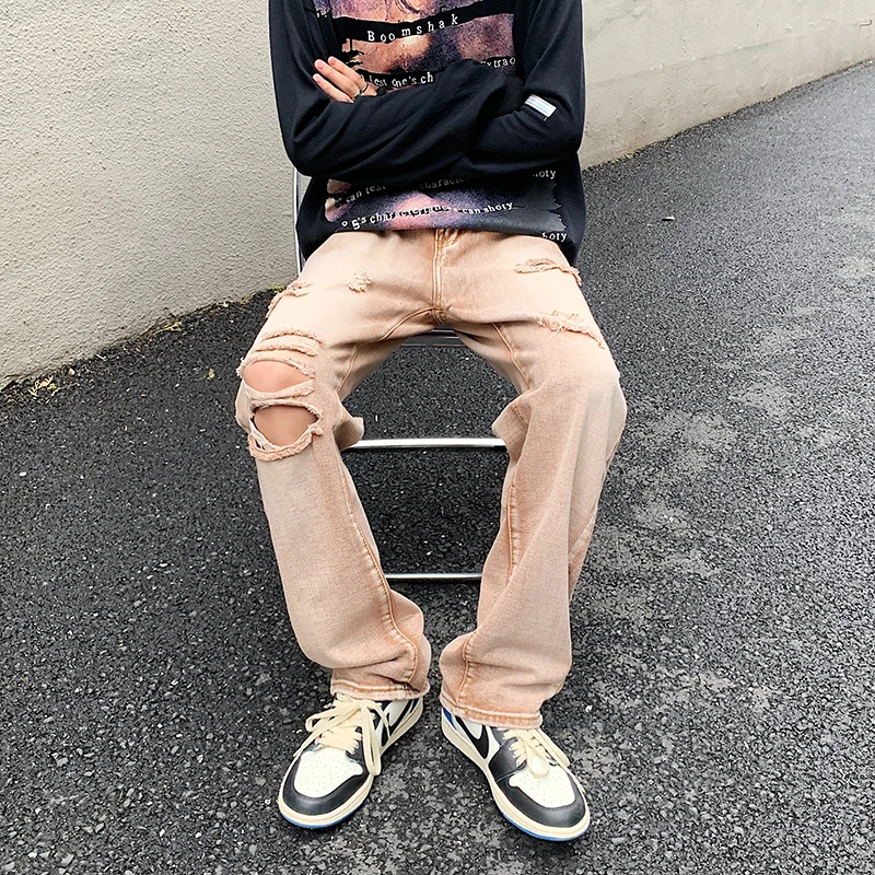 CAAYU 2022 New Baggy Jeans Mens Fashion Harajuku Loose Japanese Streetwear Straight Wide Leg Pants Male Clothing Brown Pants Men