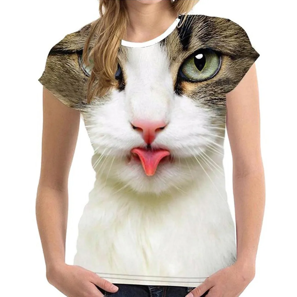 

Short Sleeve Athletic Shirt Womens Fashion 3D Cat Print Casual T-Shirt Summer Short Sleeve O-neck T Shirts Base Layer Women Top