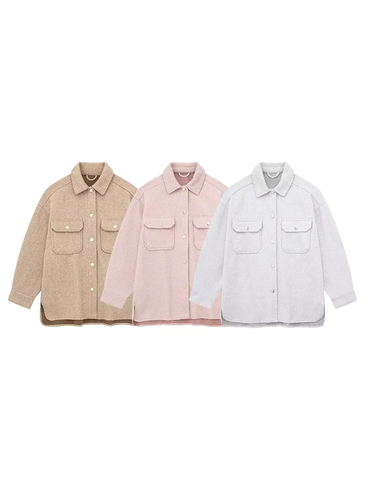 

PB&ZA Women New Fashion Soft Woolen Shirt Coat Vintage Lapel Long Sleeve Pocket All-Match Casual Female Outerwear Chic Overshirt