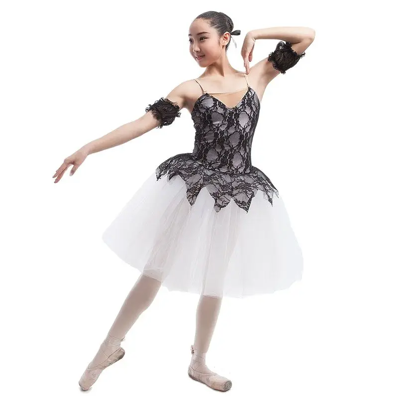 

Черный кружевной накладной белый спандекс балетная пачка женский длинный Романтический балетный костюм балетная пачка для девочек для сцены балетный костюм