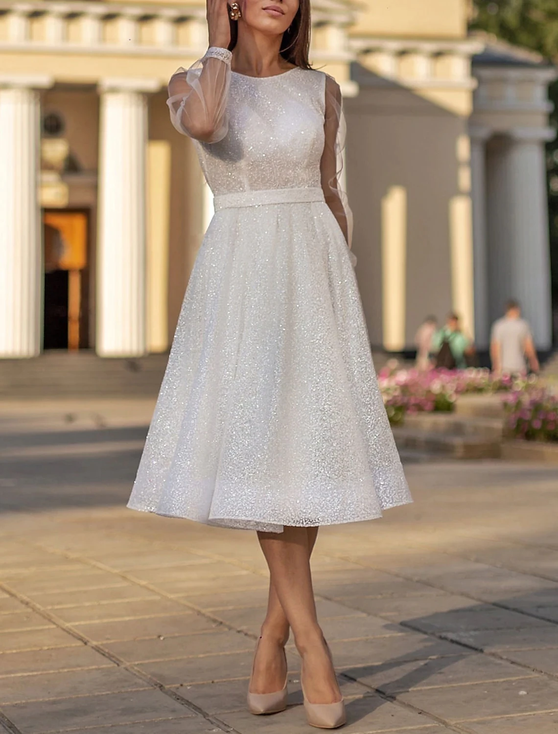 

A-Line Sparkle Elegant Cocktail Party Birthday Dresses Jewel Long Sleeve Knee Length Sequin Prom Gown Customed Robe De Soiree