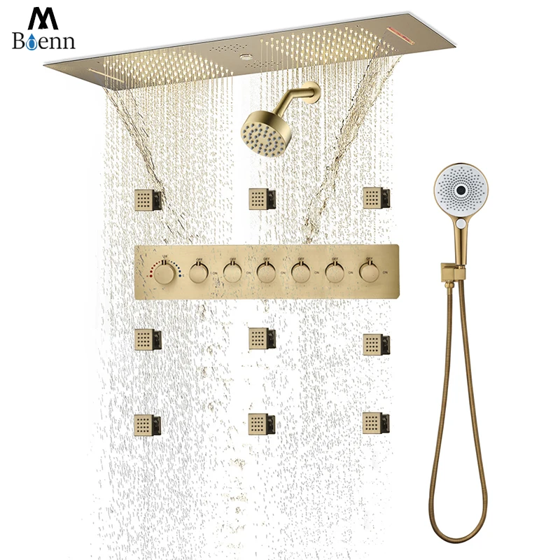 

M Boenn Double Rain High Pressure Shower Head Brushed Gold Shower System Household Bathroom DIY 6 Functions Thermostatic Faucets