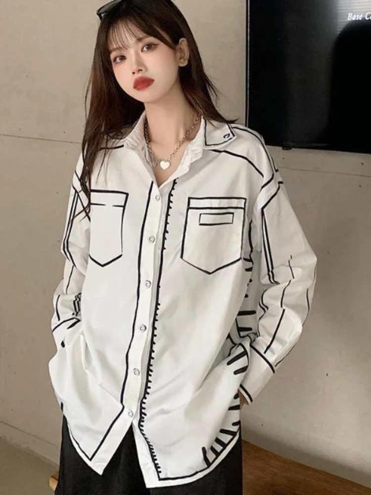 

2022 Fashion Blouses Women Turn Down Collar Long Sleeve Shirts Print Single Breasted White All Match Spring Autumn Loose Tops