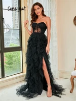 senecinet lace mesh strapless long dress women transparent sexy prom gala evening dresses elegant split maxi dress summer 2022