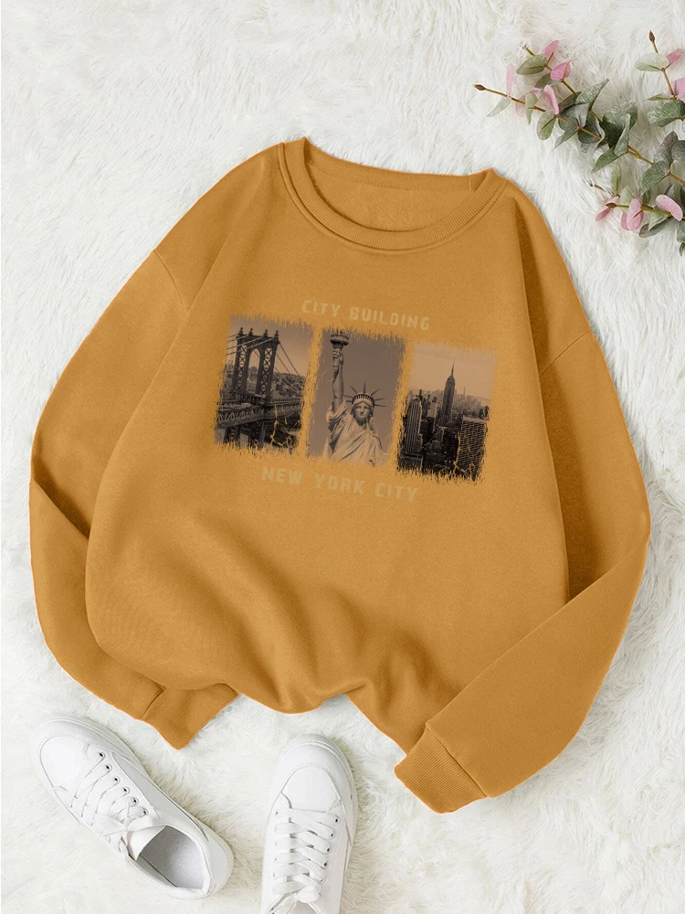 New York City Scenery Print Sweatshirt Womens Autumn Warm Comfortable Clothes Simple Basic Street Casual Versatile Top Female