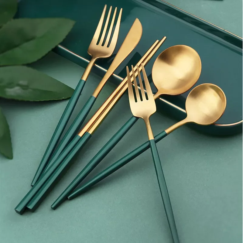 

2022New Gold Nordic Style Stainless Steel Spoon Fork Knife Chopstick Steak Knives Soup Spoon Table Knife for Kitchen Flatware Se