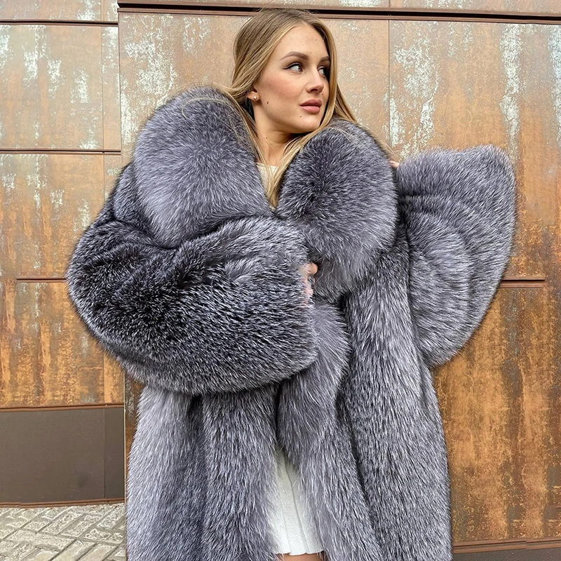 Winter Genuine Sliver Fox Fur Coat Women Luxury Thicken Warm V-neck Long Sleeve Outertwear 2022 New Natural Fox Fur Coat
