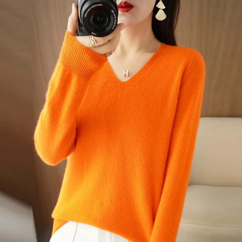 

2023 Spring and Autumn Thin Women's Woolen Sweater V-neck Solid Long Sleeve Pullover Sweater Loose Knitted Bottom Top