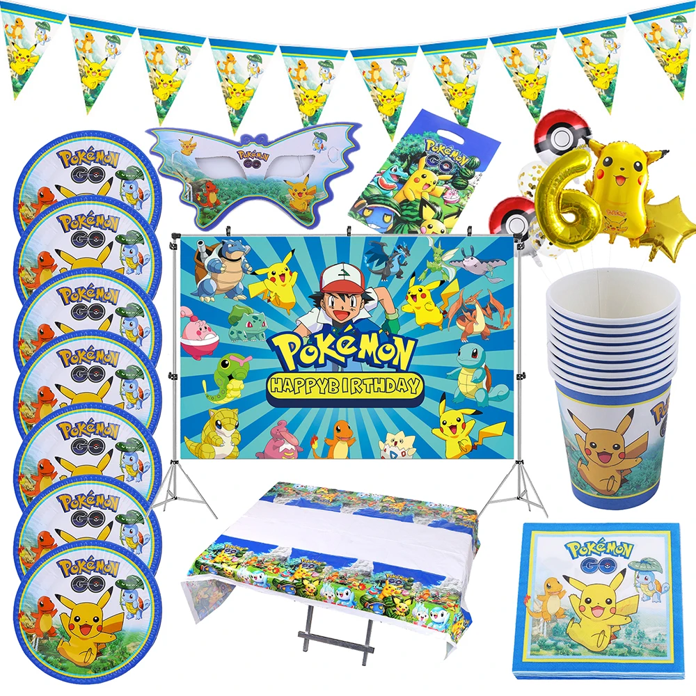 

Anime Pokemon Party Supplies Pikachu Figures Birthday Decorations Theme Decor Children Tableware Kawaii Cartoon Banner Gift Kids