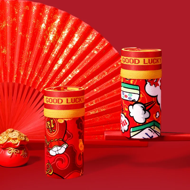 Chinese Traditional Natal Year Wedding Gift Men's Underwear Boxer Cotton Printed Big Red Breathable Trendy Boxer Shorts