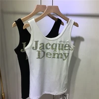 women pure cotton bottoming tops 2022 new fashion sparkling letters hot drilling sleeveless t shirt chest wrap black tanks top