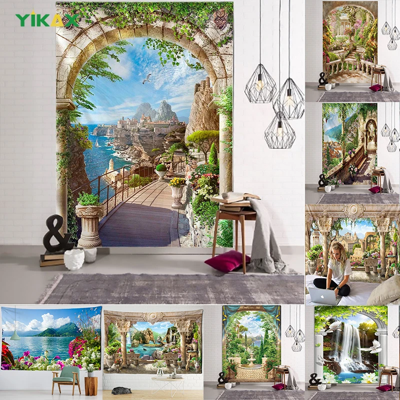 

Tapestry Corridor Scenery Wall Hanging Aesthetic Landscape Sea Beach Blanket Cloth Flower Art Modern Home Decoration Accessories