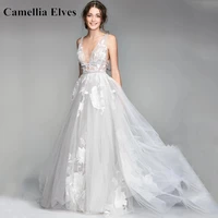modern flower lace appliques wedding dresses for women v neck backless bride dress a line tulle bridal dress robes de mari%c3%a9es
