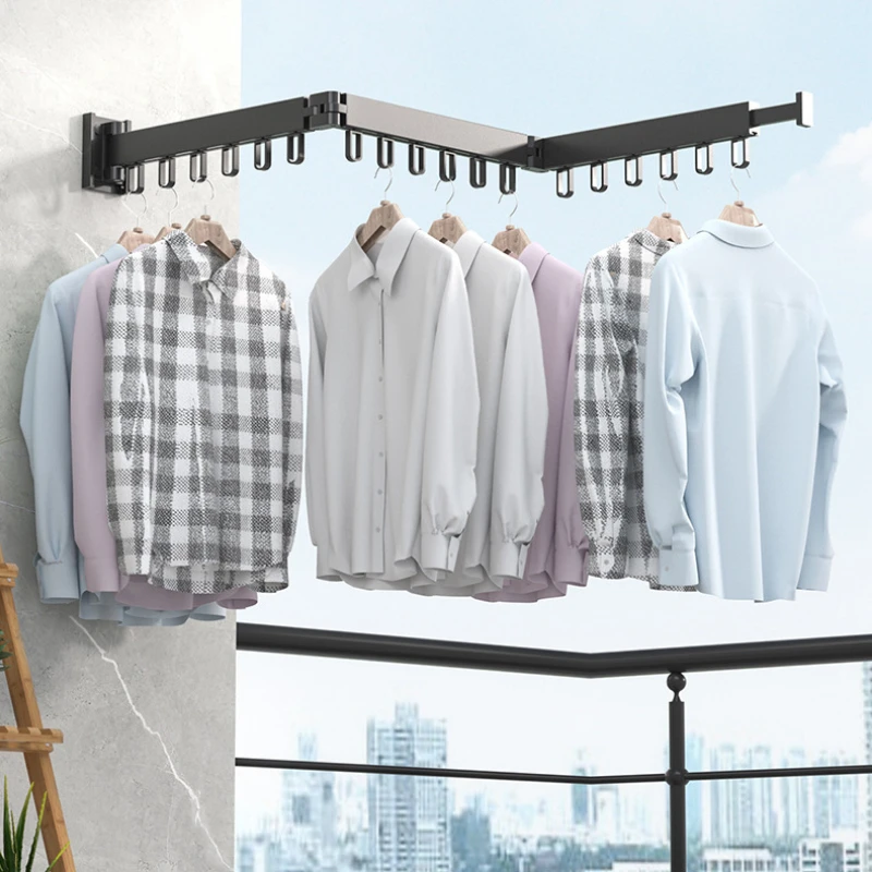 

Folding Clothes Hanger Wall Mount Retractable Cloth Drying Rack Indoor Outdoor Space Saving Aluminum Home Laundry Clothesline