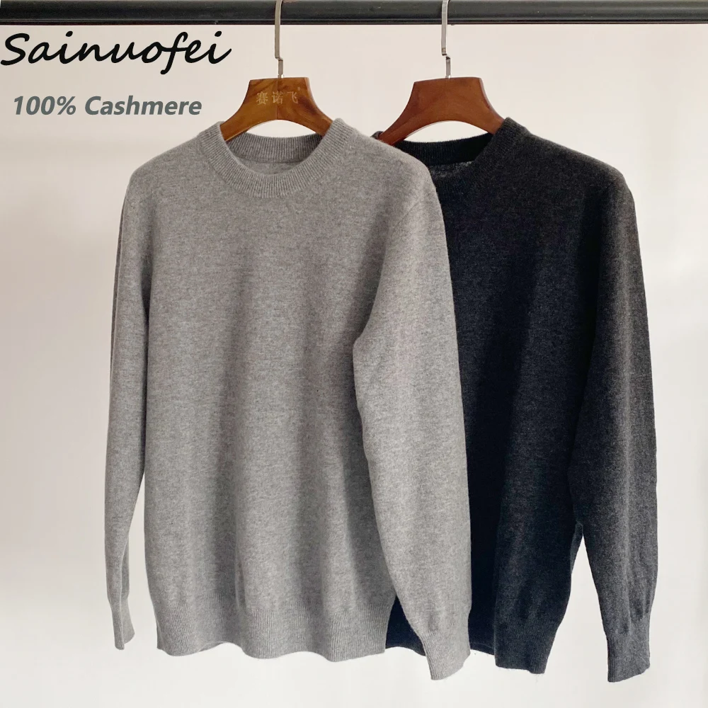 

Sanofi Men's Casual 100% Cashmere Sweaters 2022 Solid Color Black and Grey Crew Neck Knitted Long Sleeve Pullover Top