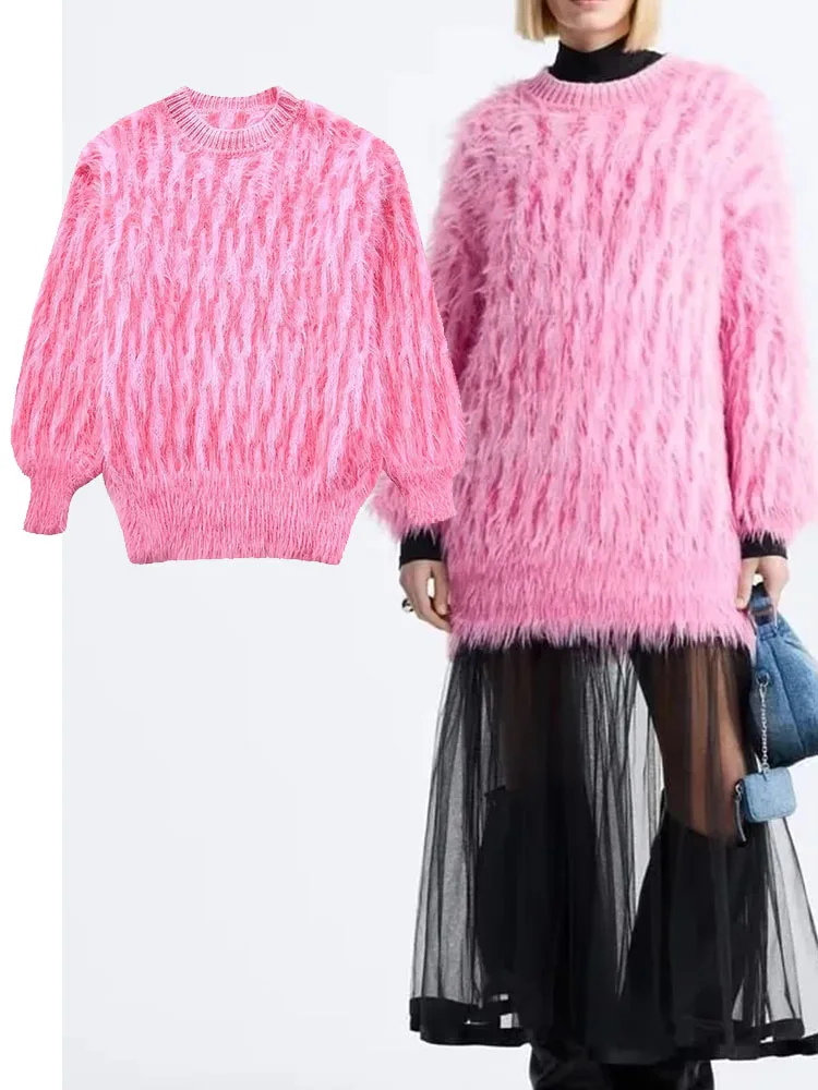 

TRAF Women Pink Elegant Knitted Sweaters Vintage O Neck Long Sleeve Sweater Sweet Winter Woman Pullovers Chic Tops