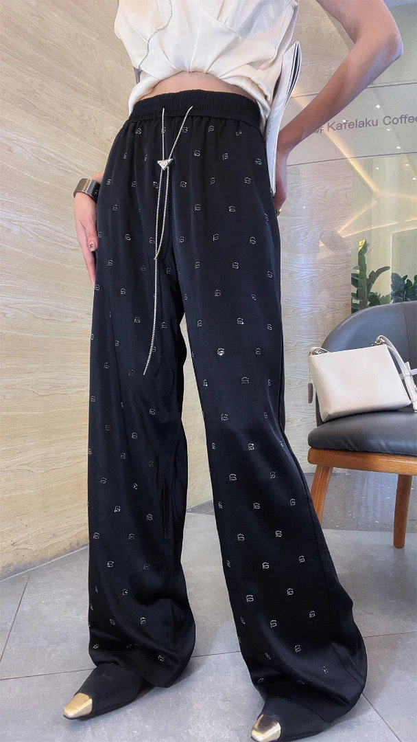 Fashion Classic Trendy Luxury Design Full Diamond Elastic Waist Casual Wide Leg Pants Woman