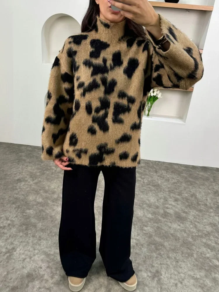 Модный кашемировый пуловер с леопардовым принтом и высоким воротом женский