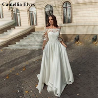 elegant a line wedding dresses 2022 for women boat neck button back bride dress lace appliques bridal gowns vestido de novia