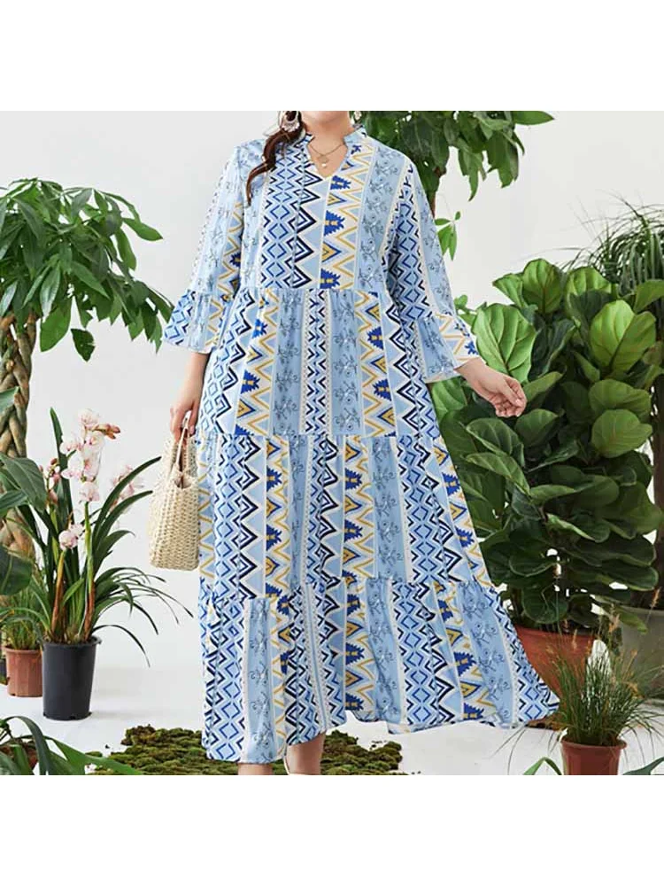 Plus-size new blue print skirt elastic waist dress women's wear plus size women clothing dress