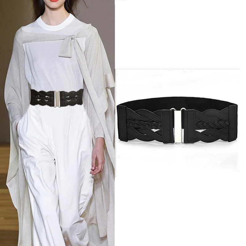 

Vintage Woven Wide Waist Belts For Women Shirt Dress Waistband Elastic Buckle Female Belt Girdle Cinturones Para Mujer Ceinture
