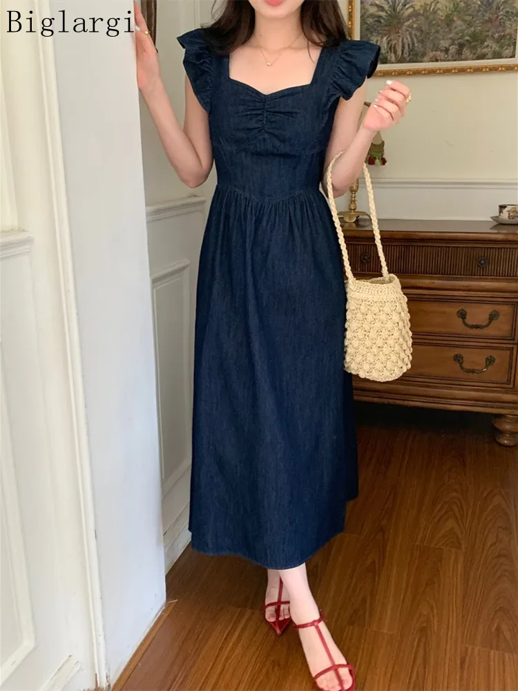 

Женское джинсовое платье без рукавов, повседневное длинное винтажное платье в Корейском стиле, лето 2023