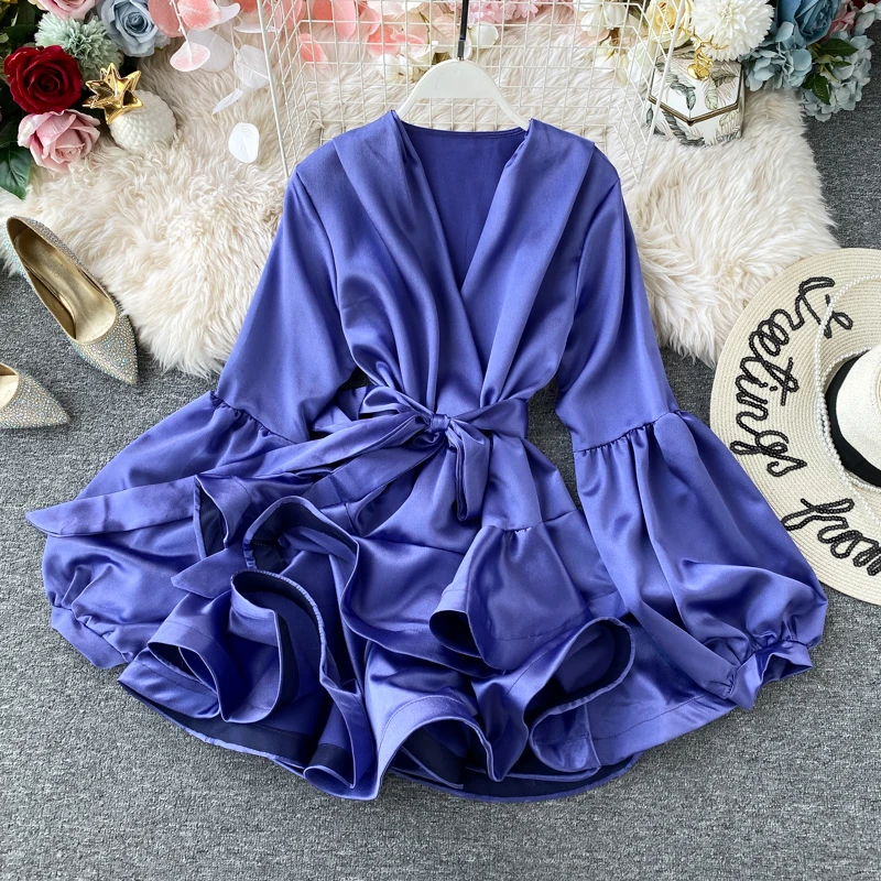 

Women French Vintage Dress Ladies Elegant Party Robe Dresses Spring New V Neck Lantern Sleeve Slim Ruffles Vestidos