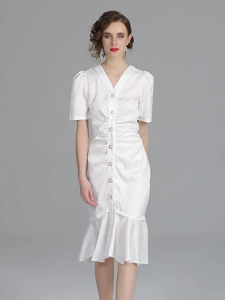 

2022 Summer Women's Dress Fashion Short Sleeve High Waist Sexy V Neck Ruched Elegant White Fishtail Dress B111