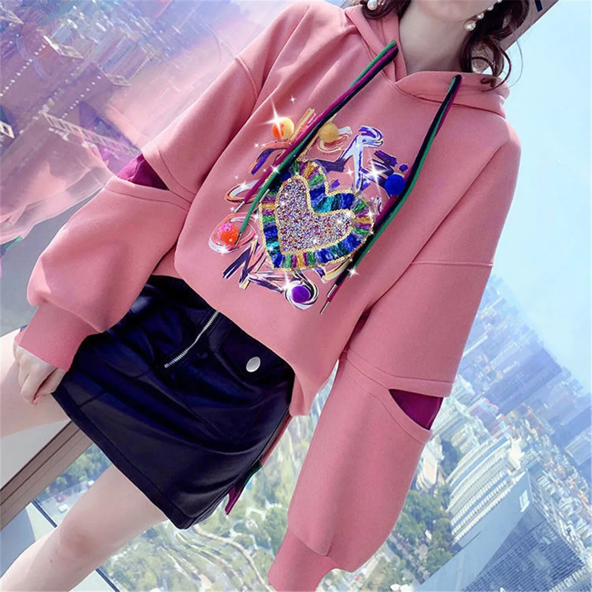 

Толстовка с капюшоном с милым принтом сердца, уличная одежда, женские свитшоты с бриллиантами, Осенние яркие смешные розовые свободные топы Ulzzang для мужчин