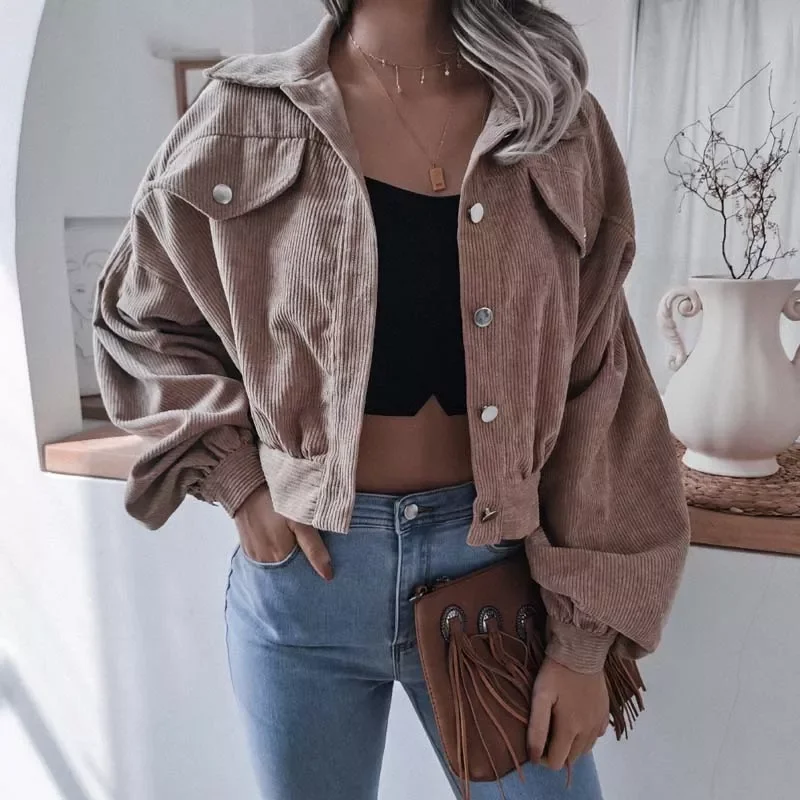 

Autumn Corduroy Jacket Women Coat Cropped Jackets for Women Short Jackets Female Lantern Sleeve Overshirt 2021