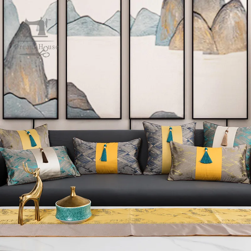 

New Chinese Sofa Pillow Cover Tassel Splicing Decorative Pillowcase Embroidered Jacquard Throw Pillow Covers