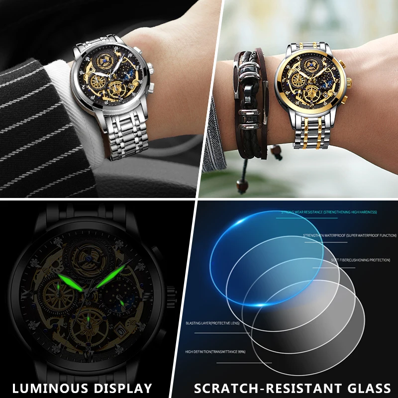 Waterproof Stainless Steel Quartz Analog Fashion Business Sun Moon Star Wristwatches Top Brand 5