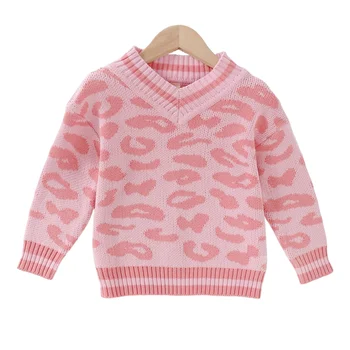 1-6 Years Kid Toddler Baby Girl Sweater Tops Girl Long Sleeve Cute Leopard Patterned Autumn Winter V Neck Knitwear Outfit