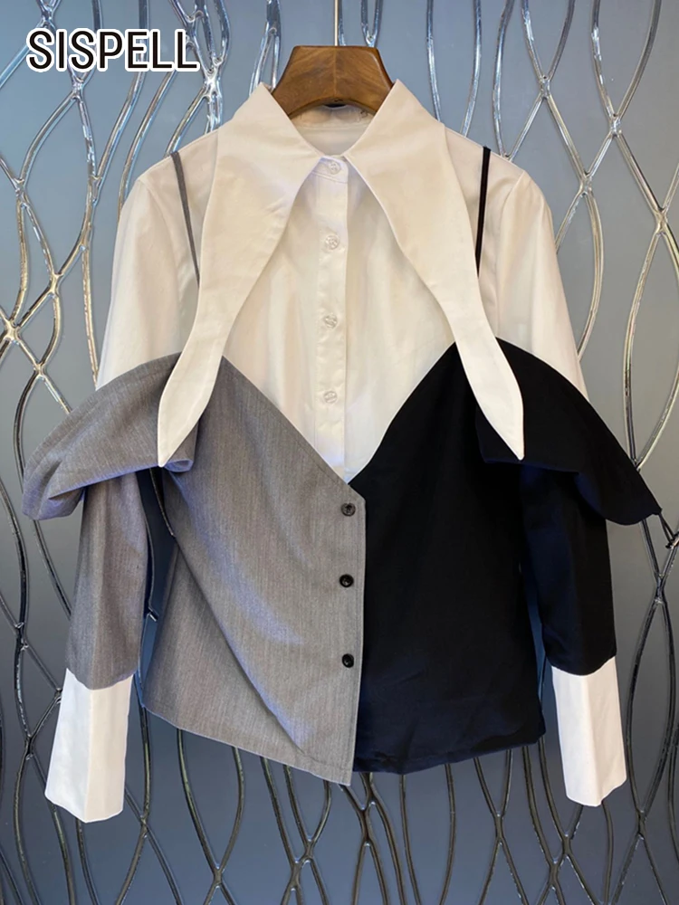 

SISPELL Irregular Patchwork Shirt For Women Lapel Long Sleeve Single Breasted Hit Color Blouse Female Fashion Clothing 2023 New
