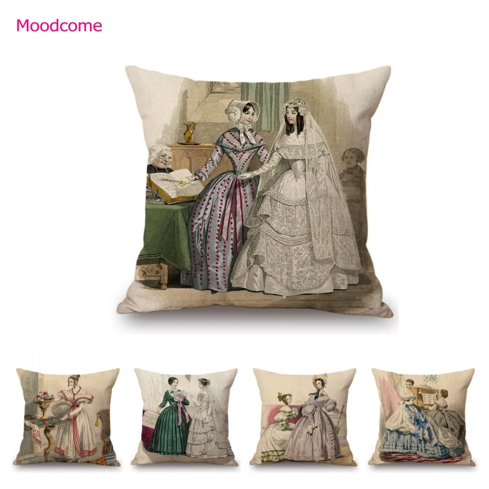 Antique Victorian Era European Royal Duchess Lady Princess Bride Fashion Cotton Linen Decorative Sofa Pillow Case Cushion Cover