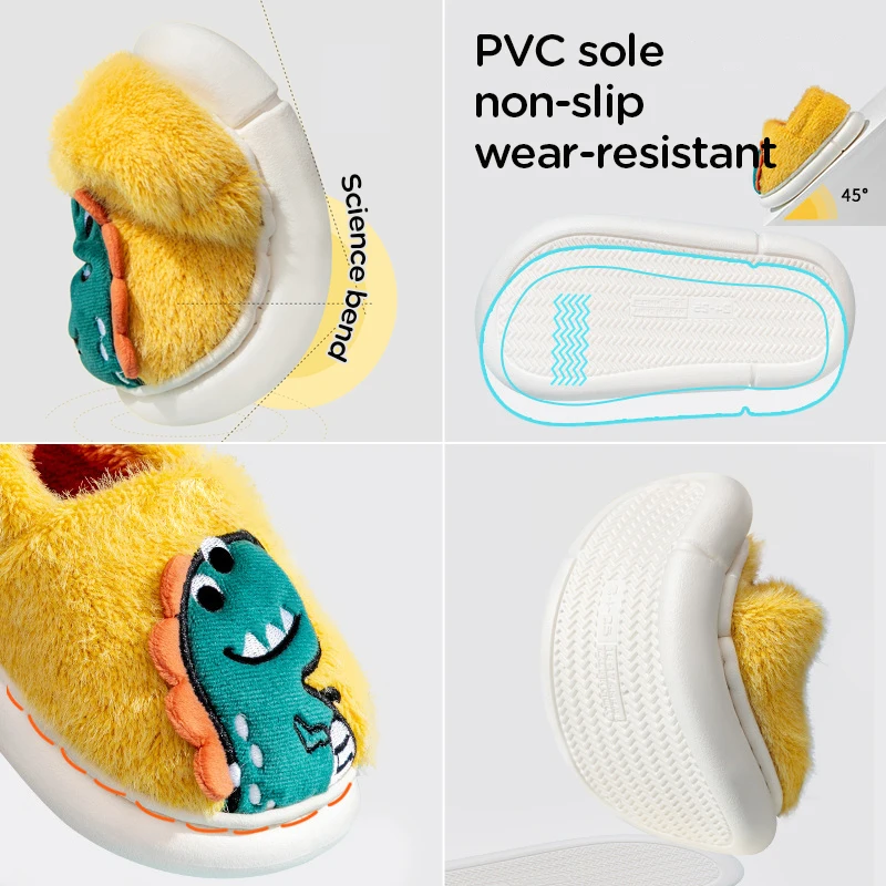 Детские Мультяшные плюшевые тапочки с вышивкой динозавра зимние мягкие