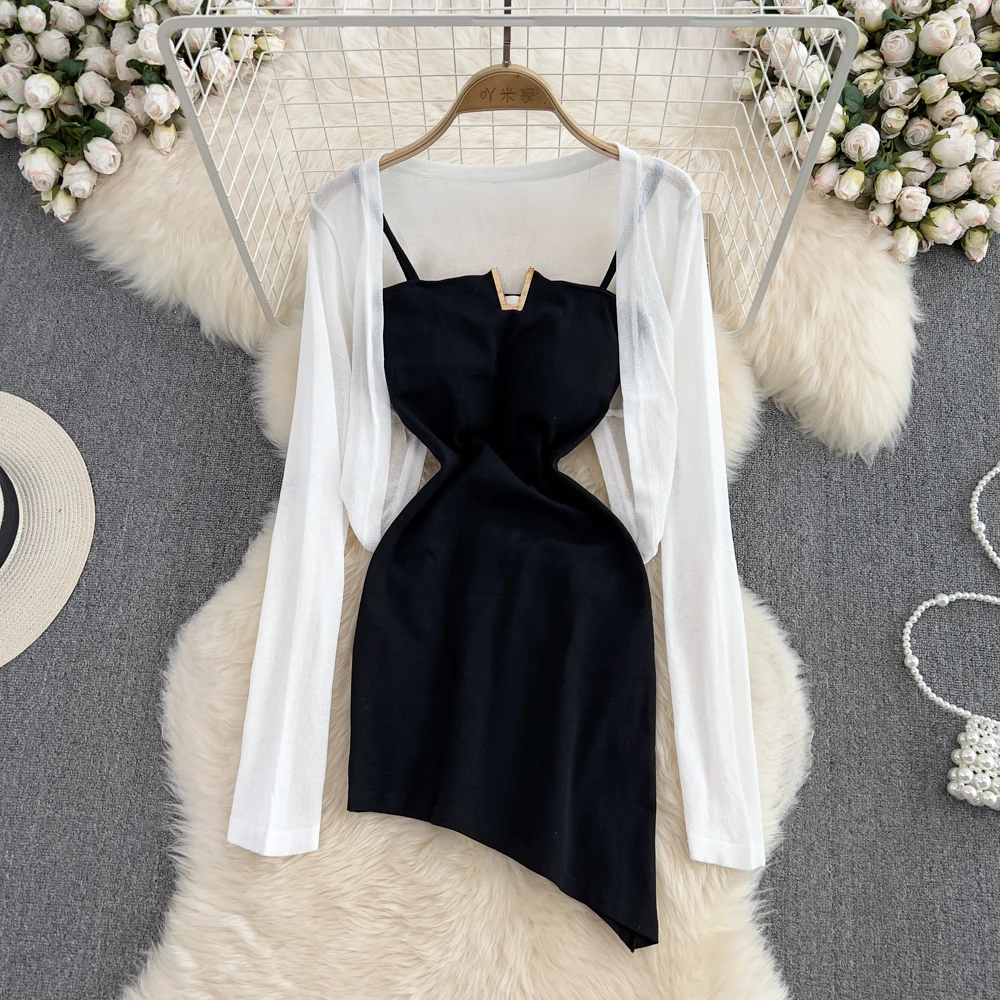 

Sexy Sweet Hot Girl Bustier Halter Irregular Slim Dress Two-piece Knitted Shawl Sunscreen Cardigan Summer Dresses Summer Dress