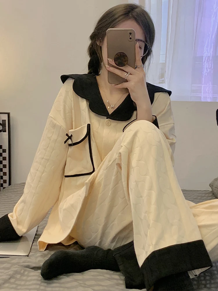 Pure Cotton Pajamas for Women Spring Autumn Winter Simple 2023 New High Sense Long sleeve Casual Solid Homewear Set