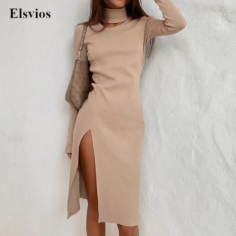 

Однотонное модное женское трикотажное платье в рубчик, сексуальное офисное платье с воротником-хомутом, элегантное вечернее вечерние с дли...