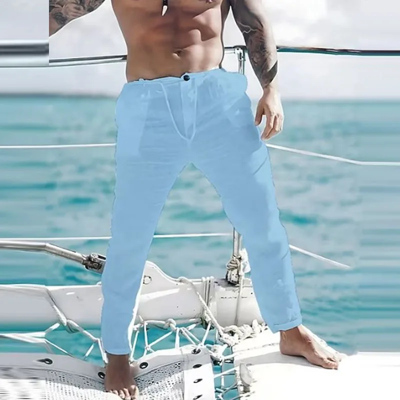 

Seaside Solid Elastic Waist Button Cotton Linen Trousers Men Clothing Casual Breathable 2023 Pockets Baggy Pants Sweatpant Male
