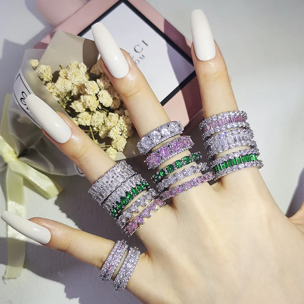 

2022 New Arrival Luxury Green Pink Silver Color Eternity Band Wedding Engagement Ring Set for Women Jewelry Special Designer Z14