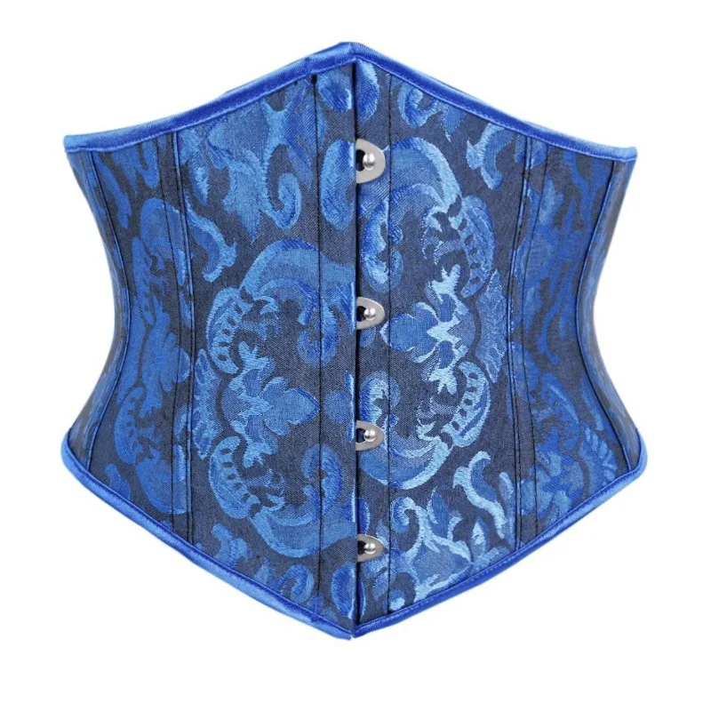 Фото Женский винтажный светло-голубой корсет с цветочным жаккардовым узором, утягивающий талию, с передней застежкой, для повседневной носки. №3