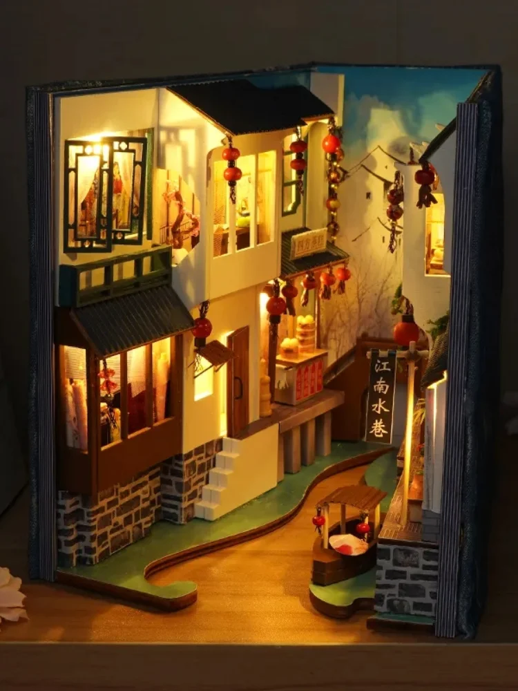

New Book Nook Insert Decor Ancient Streets Retro Bookshelf Alley Bookend Model Building Kit with LED Light Home Decoration Gifts
