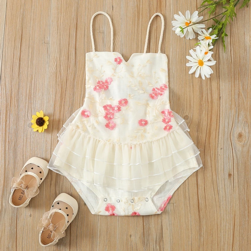 

Summer Newborn Girls Sling Romper Sleeveless Backless Floral Embroider Tulle Tutu Playsuit Baby Clothing
