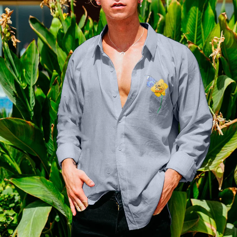 

Men Shirt Yellow Flower Print Lapel Loose Blended Fashion Casual Sexy Trendy Single Breasted Long Sleeve Spring Summer Shirt Top